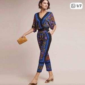 Anthropologie size 2 Petite floral black/blue jumpsuit with pockets, v-neck